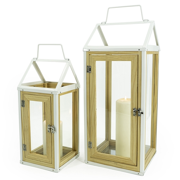 Laterne Hausdesign mit offenem Metalldach 2-er Set Metall weiss Holz Glas 50,5 u. 35,5cm von NOOR Living