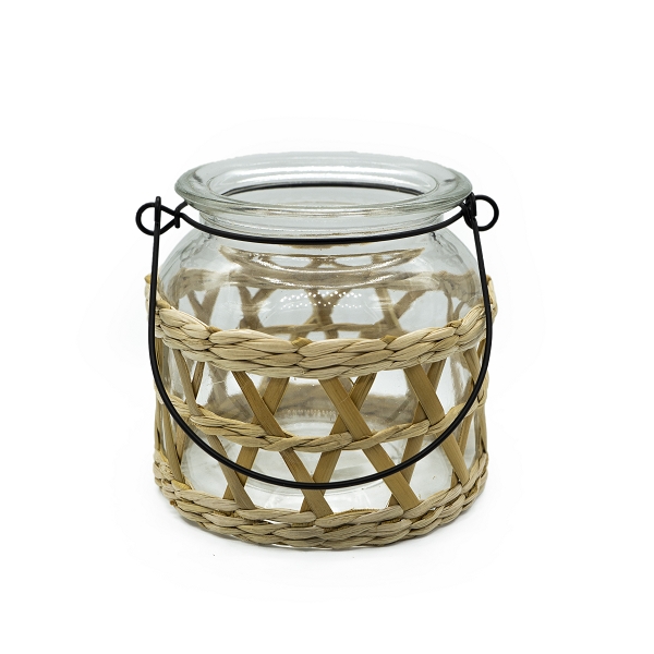 Windlicht Glas klar in geflochtenem Bast mit Metallhenkel 12x10,5cm von NOOR Living