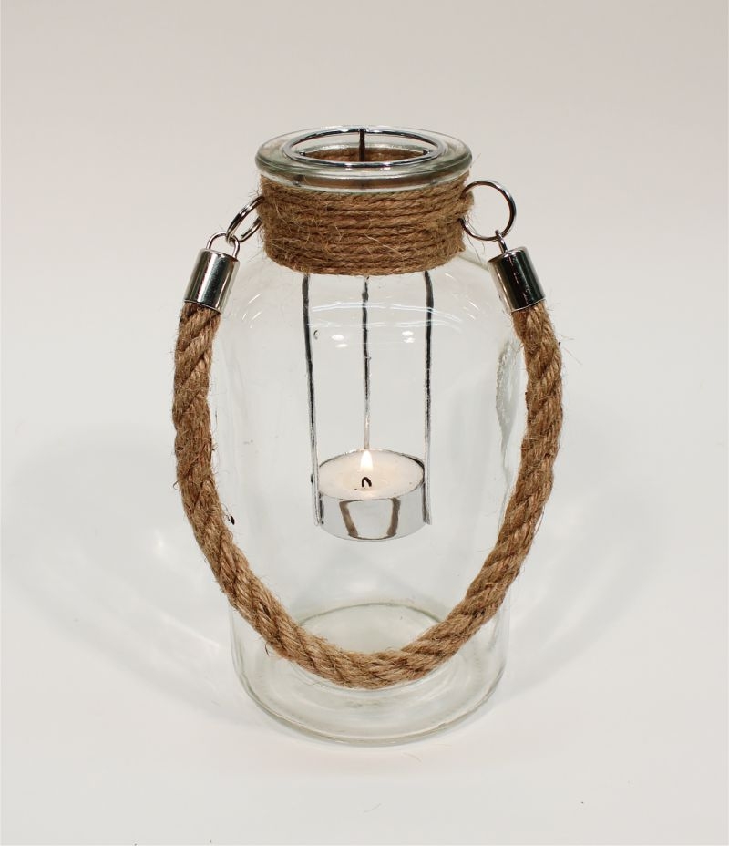 Windlicht Glas klar mit Jute Henkel für Teelichter 10x20cm von NOOR Living