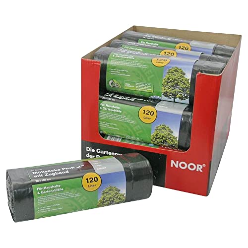 NOOR Müllsack Profi 120 L I Schwarze, recycelbare Müllsäcke mit Zugband für eine einfache Verwendung I Extra starke Haushalts- und Gartenabfallsäcke I 20er Rolle von NOOR