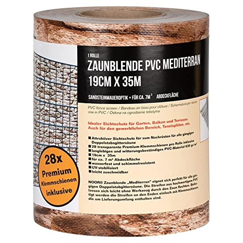 NOOR Sichtschutzstreifen mediterran 19cm x 35m (630 gr/m²) I Moderner Sichtschutz für Doppelstabmatte I Wird mit 28 Premium- Klemmschienen geliefert & bietet ca. 7m² Abdeckung von NOOR