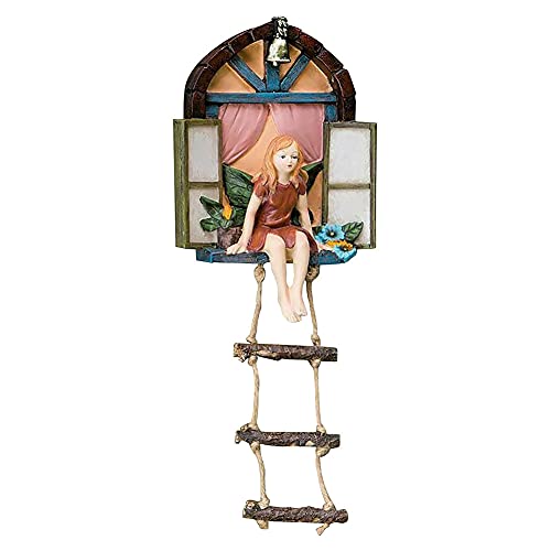 NOPEILVI Fairy Garten Fenster Statue Fairy Garten Zubehör, Fee Haus mit Leiter Hängende Baum Skulptur Miniatur Mädchen Leiter Hängende Baum Skulptur Micro Landschaftsverzierung von NOPEILVI