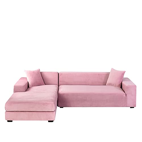 NOPEXTO Samt Sofabezug L-Form, Elastische Lounge-Sessel Sofahusse Waschbare Katzen Hunden Möbelschutz Sofaüberwürfe (2-Sitzer,Rosa) von NOPEXTO