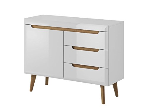 Furniture24 Kommode Sideboard NORDI in Skandinavische Stil (Weiß/Weiß Hochglanz) von Furniture24