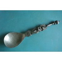 Norwegen Vintage Gemarketer Größerer Zinn Tauflöffel Mit Christusfigur Und Segenstext, Geschildert Norge von NORDICARTCURIOSITY