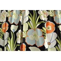 Paar Der 1980Er Jahre Gedruckt Lange Hochwertige Leinen Vorbereitet Baumwolle Schweden Design Vorhänge Mit Großen Conv. Mehrfarbige Blume Motiv Auf von NORDICARTCURTAINS