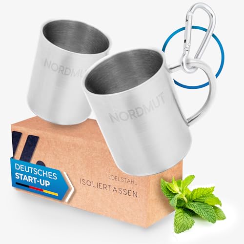 NORDMUT® Edelstahl Thermobecher [2er Set] Camping Tasse | nachhaltige Edelstahl Tasse | Kaffeetasse doppelwandig isoliert und BPA frei | Tassen Set für Camping & Outdoor [2 x 300 ml] von NORDMUT