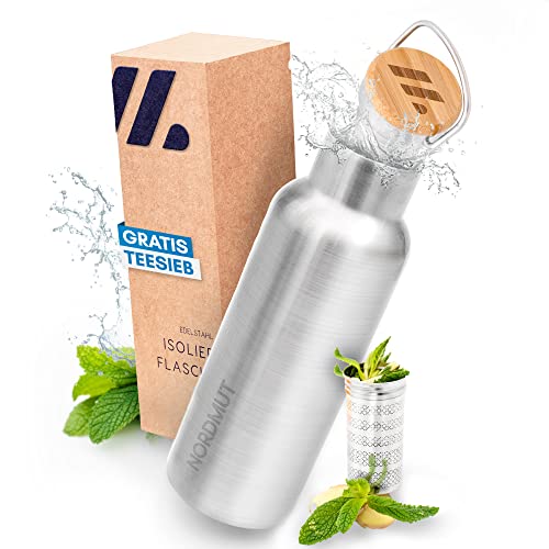 NORDMUT® Edelstahl Trinkflasche isoliert + Teesieb | Thermosflasche spülmaschinengeeignet | Isolierflasche für Kinder und Erwachsene | Wasserflasche auslaufsicher | 500 ml | mit praktischem Teesieb von NORDMUT