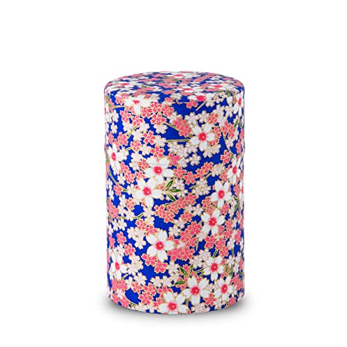 Noren Tea Caddy Boîte à thé 100 g (boîte à thé en papier japonais – Fleurs de cerisier en pleine floraison bleue) / Fabriqué au Japon Yuzen Washi (Sakura in voller Blüte/Blau) von NOREN
