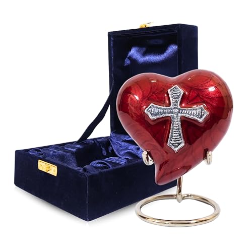 Urne für Asche in Herzform, rotes Herz mit Kreuz-Design, kleines Andenken, Gedenkurne für Mensch oder Haustier, Mini-Aschenbecher mit Samt-Displaybox und Ständer, handgefertigt NORSE'S TRADECRAFT von NORSE'S TRADECRAFT