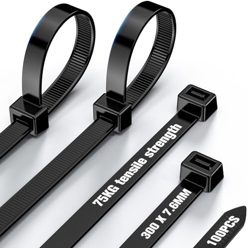 NORSHY Kabelbinder Schwarz Wiederverschließbar 300 mm x 7,6 mm, Cable Ties UV-Beständig 75KG Ultra Stark, Hitzebeständig Zip Ties 100 Stück für Kabelmanagement,Gartenarbeit,Werkstätten von NORSHY
