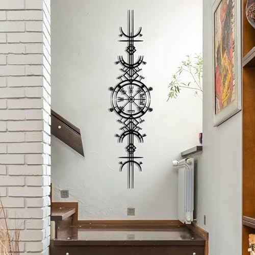 NORTH KAISER Metall-Wandkunst – Wikinger Wayfinder Wanddekoration – außergewöhnliche Vegvisir-Skulptur – Wikinger-Symbol Wandbehang – Runenkreis mit Mjölnir – altnordisches Schild (schwarz – 75 x 25 von NORTH KAISER