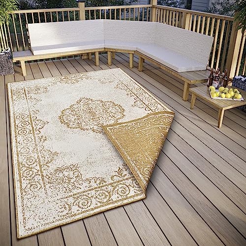 NORTHRUGS Cebu In- & Outdoor Wendeteppich - Flachgewebe, Orient Design, Vintage, ÖKO-TEX, Wetterfest & UV-beständig für Balkon, Terrasse, Garten - Ocker, 80x150cm von NORTHRUGS