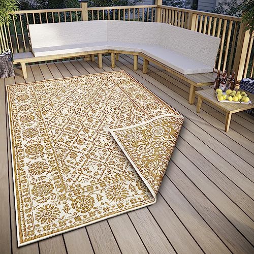 NORTHRUGS Curacao In- & Outdoor Wendeteppich - Flachgewebe, Vintage, Bordüren Optik, ÖKO-TEX, Wetterfest & UV-beständig für Balkon, Terrasse, Garten - Ocker, 120x170cm von NORTHRUGS