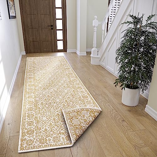 NORTHRUGS Curacao In- & Outdoor Wendeteppich - Flachgewebe, Vintage, Bordüren Optik, ÖKO-TEX, Wetterfest & UV-beständig für Balkon, Terrasse, Garten - Ocker, 80x250cm von NORTHRUGS