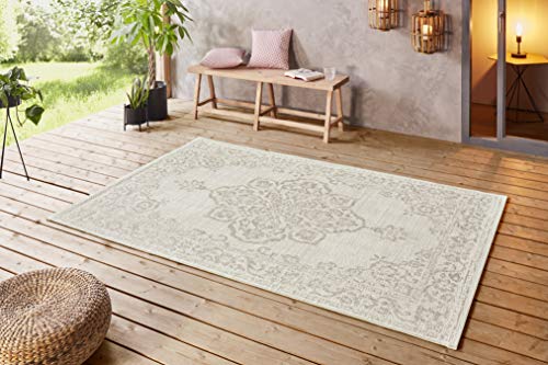 NORTHRUGS In- und Outdoor Teppich 120x170cm - Wetterfest Orientalisch Vintage-Design mit Medallion Läufer Terrassenteppich Balkonteppich Küchenläufer Badteppich Wohnzimmerteppich Wasserfest in Beige von NORTHRUGS