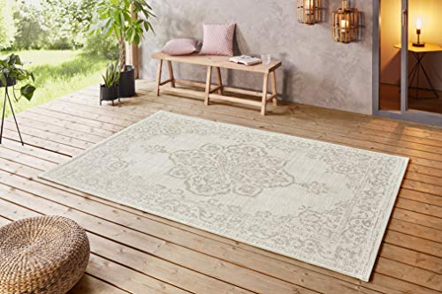 NORTHRUGS In- und Outdoor Teppich 160x230cm - Wetterfest Orientalisch Vintage-Design mit Medallion Läufer Terrassenteppich Balkonteppich Küchenläufer Badteppich Wohnzimmerteppich Wasserfest in Beige von NORTHRUGS