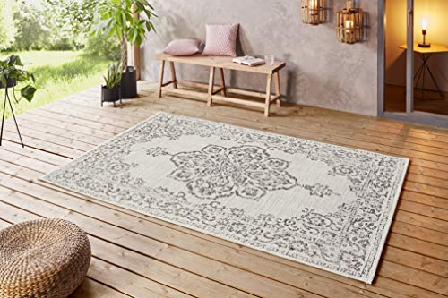 NORTHRUGS In- und Outdoor Teppich 80x150cm - Wetterfest Orientalisch Vintage-Design mit Medallion Läufer Terrassenteppich Balkonteppich Küchenläufer Badteppich Wohnzimmerteppich Wasserfest in Grau von NORTHRUGS