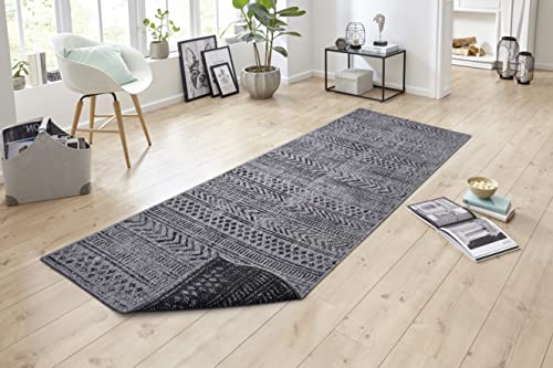 NORTHRUGS In- und Outdoor Teppich Biri 80x350 cm - Wendeteppich Wetterfest Boho Style Vintage Design Teppich für Balkon Terrasse Garten Wintergarten Wohnzimmerteppich Wasserfest in Night Silver von NORTHRUGS