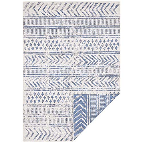 NORTHRUGS In- und Outdoor Teppich Biri 80x350cm - Wendeteppich Wetterfest Boho Style Vintage Design Läufer für Balkon Terrasse Garten Wintergarten Wohnzimmerteppich Wasserfest in Blau Creme von NORTHRUGS