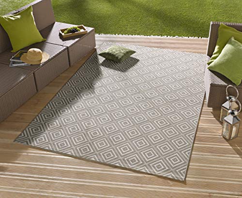 NORTHRUGS In- und Outdoor Teppich Karo 80x150cm - Wetterfest Modern Geometrisch Muster Kariert Allover Design Läufer für Balkon Terrasse Garten Wintergarten Wohnzimmerteppich Wasserfest in Grau von Hanse Home