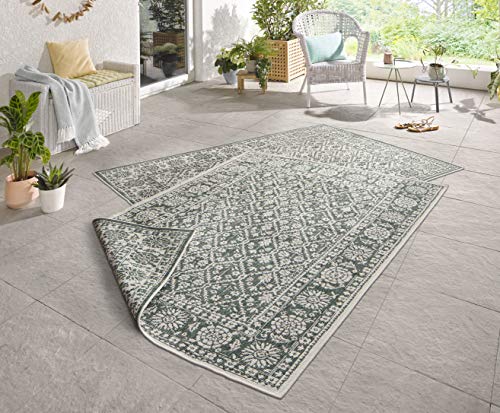 NORTHRUGS In- und Outdoor Teppich Curacao 120x170cm - Wendeteppich Wetterfest Modernes Grafisches Muster für Balkon Terrasse Garten Wintergarten Küche Wohnzimmerteppich Wasserfest in Grün Creme von NORTHRUGS