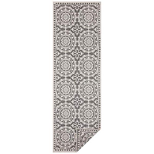 NORTHRUGS In- und Outdoor Teppich Jardin 80x350cm - Wendeteppich Wetterfest Orientalisches Vintage Design Läufer für Balkon Terrasse Garten Wintergarten Wohnzimmerteppich Wasserfest in Grau Creme von NORTHRUGS