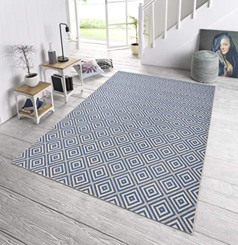 NORTHRUGS In- und Outdoor Teppich Karo 160x230cm - Wetterfest Modern Geometrisches Muster Kariert Allover Design Läufer für Balkon Terrasse Garten Wintergarten Wohnzimmerteppich Wasserfest in Blau von NORTHRUGS