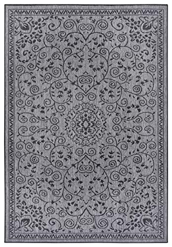 NORTHRUGS In- und Outdoor Teppich Leyte 160x230cm - Wendeteppich Wetterfest Orientalisches Vintage Design Läufer für Balkon Terrasse Garten Wintergarten Wohnzimmerteppich Wasserfest in Night Silver von NORTHRUGS