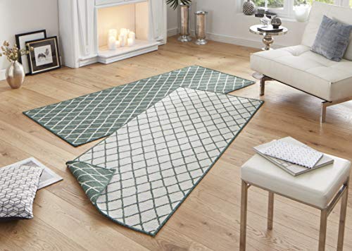 NORTHRUGS In- und Outdoor Teppich Malaga 80x350cm - Wendeteppich Wetterfest Modernes Geometrisches Muster Läufer für Balkon Terrasse Garten Wintergarten Wohnzimmerteppich Wasserfest in Grün Creme von NORTHRUGS