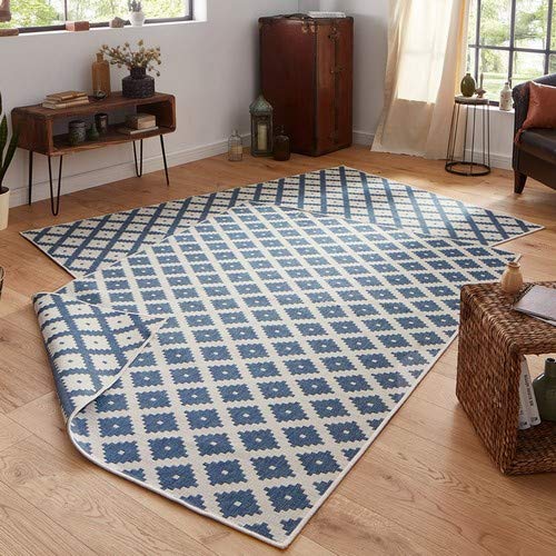 NORTHRUGS In- und Outdoor Teppich Nizza 120x170cm - Wendeteppich Wetterfest Modernes Geometrisches Muster für Balkon Terrasse Garten Wintergarten Küche Wohnzimmerteppich Wasserfest in Blau Creme von NORTHRUGS