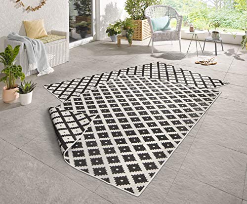 NORTHRUGS In- und Outdoor Teppich Nizza 200x290cm - Wendeteppich Wetterfest Modernes Geometrisches Muster für Balkon Terrasse Garten Wintergarten Küche Wohnzimmerteppich Wasserfest in Schwarz Creme von NORTHRUGS