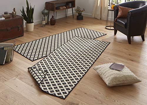 NORTHRUGS In- und Outdoor Teppich Nizza 80x250cm - Wendeteppich Wetterfest Modernes Geometrisches Muster Läufer für Balkon Terrasse Garten Wintergarten Wohnzimmerteppich Wasserfest in Schwarz Creme von NORTHRUGS