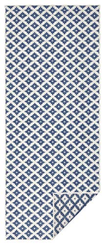 NORTHRUGS In- und Outdoor Teppich Nizza 80x350cm - Wendeteppich Wetterfest Modernes Geometrisches Muster Läufer für Balkon Terrasse Garten Wintergarten Wohnzimmerteppich Wasserfest in Blau Creme von NORTHRUGS