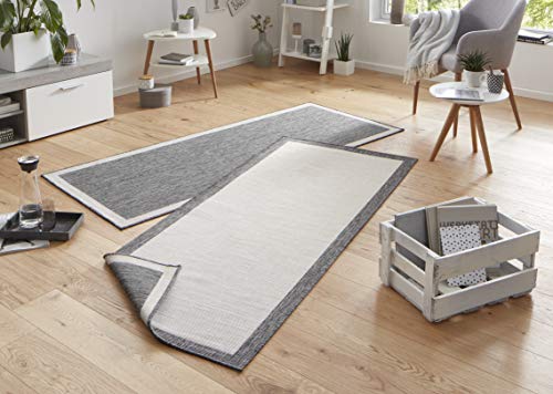 NORTHRUGS In- und Outdoor Teppich Panama 80x350cm - Wendeteppich Wetterfest Modernes Uni Design mit Bordüre Läufer für Balkon Terrasse Garten Wintergarten Wohnzimmerteppich Wasserfest in Grau Creme von NORTHRUGS