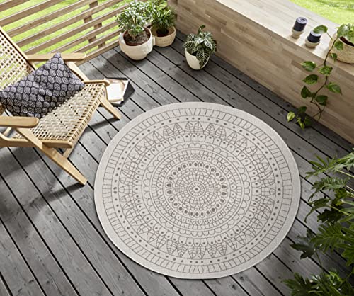 Northrugs Porto In- und Outdoor Teppich Rund – Runder Wendeteppich Wasserfest Mandala Design Flachgewebe Teppich Wetterfest für Balkon, Terrasse, Garten, Wohnzimmer in Linen, ⌀100cm von Hanse Home