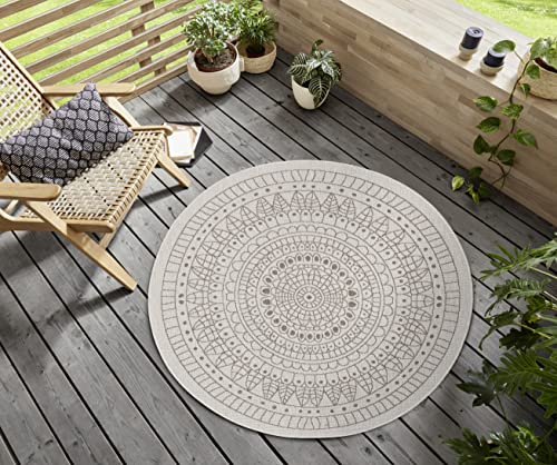 Northrugs Porto In- und Outdoor Teppich Rund – Runder Wendeteppich Wasserfest Mandala Design Flachgewebe Teppich Wetterfest für Balkon, Terrasse, Garten, Wohnzimmer in Linen, ⌀100cm von NORTHRUGS