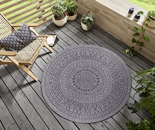 Northrugs Porto In- und Outdoor Teppich Rund – Runder Wendeteppich Wasserfest Mandala Design Flachgewebe Teppich Wetterfest für Balkon, Terrasse, Garten, Wohnzimmer in Night Silber, ⌀200cm von NORTHRUGS