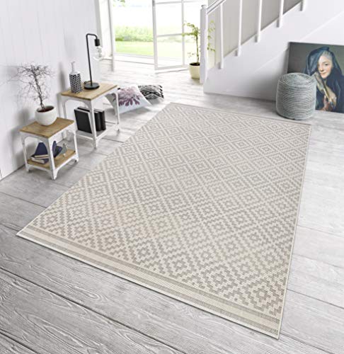 NORTHRUGS In- und Outdoor Teppich Raute 80x150cm - Wetterfest Modern Geometrisches Raute Muster Allover Design Läufer für Balkon Terrasse Garten Wintergarten Wohnzimmerteppich Wasserfest in Grau Creme von NORTHRUGS