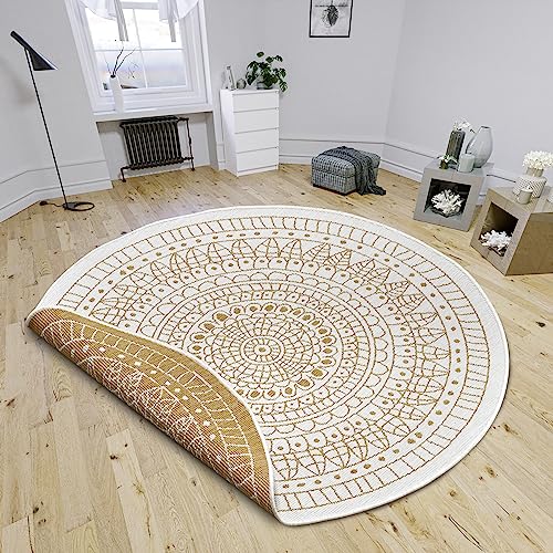 Northrugs Porto In- und Outdoor Teppich Rund – Runder Wendeteppich Wasserfest Mandala Design Flachgewebe Teppich Wetterfest für Balkon, Terrasse, Garten, Wohnzimmer in Ocker, ⌀100cm von NORTHRUGS