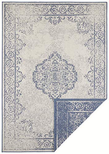 NORTHRUGS In- und Outdoor Teppich Cebu 80x150cm - Wendeteppich Wetterfest Orientalisches Vintage Design Läufer für Balkon Terrasse Garten Wintergarten Wohnzimmerteppich Wasserfest in Blau Creme von NORTHRUGS