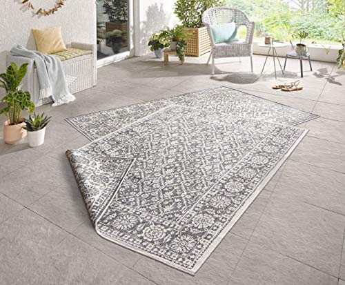 NORTHRUGS In- und Outdoor Teppich Curacao 80x150cm - Wendeteppich Wetterfest Modernes Grafisches Muster Läufer für Balkon Terrasse Garten Wintergarten Wohnzimmerteppich Wasserfest in Grau Creme von NORTHRUGS