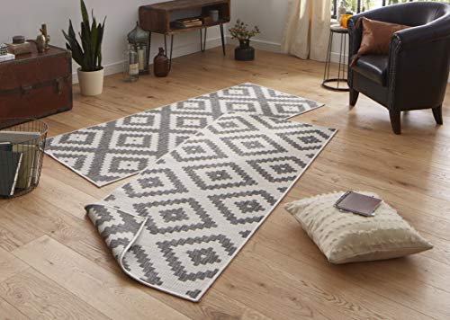 NORTHRUGS Outdoor Teppich Malta-Wendeteppich Wetterfest Modernes Geometrisches Muster Läufer für Balkon Terrasse Garten Wintergarten Wohnzimmerteppich Wasserfest, Polypropylen, Grau,Creme, 80x250cm von NORTHRUGS