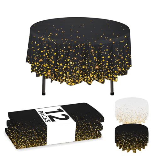 NORZEE Einweg-Kunststoff-Tischdecken, 213,4 cm, runde Tischdecke, runde Kunststoff-Tischdecke, Einweg-Tischdecke, Schwarz-Gold, Konfetti, 12 Stück NORZEE Einweg-Kunststoff-Tischdecken, 213,4 cm, runde Tischdecke, runde Kunststoff-Tischdecke, Einweg-Tischdecke, Schwarz-Gold, Konfetti, 12 Stück von NORZEE
