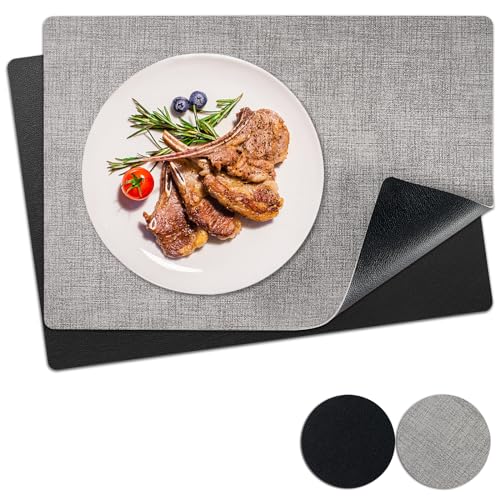 NOSTHEART Tischsets Abwaschbar, Platzsets Abwischbar Tischset Leder 2er Set Hitzebeständig Doppelseitigen Tischset rutschfest wasserdicht Platzdeckchen mit Untersetzer Rund (Schwarzer Grau) von NOSTHEART