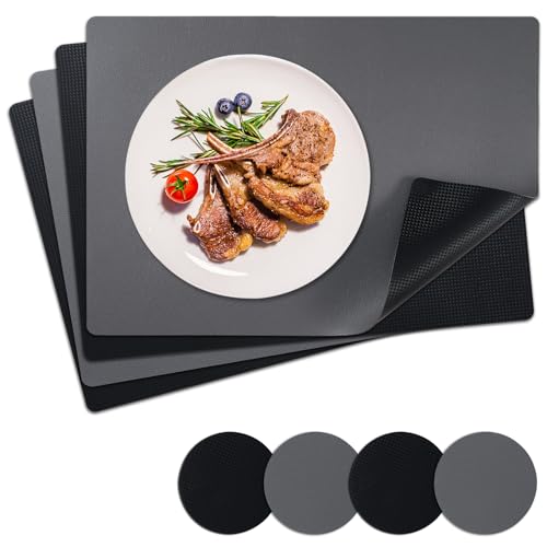 NOSTHEART Tischsets Abwaschbar, Platzsets Abwischbar Tischset Leder 4er Set Hitzebeständig Doppelseitigen Tischset rutschfest wasserdicht Platzdeckchen mit Untersetzer Rund (Grau Schwarz) von NOSTHEART