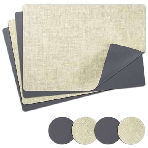 NOSTHEART Tischsets Abwaschbar, Platzsets Abwischbar Tischset Leder 4er Set Hitzebeständig Doppelseitigen Tischset rutschfest wasserdicht Platzdeckchen mit Untersetzer Rund (Grau Beige) von NOSTHEART