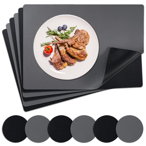 NOSTHEART Tischsets Abwaschbar, Platzsets Abwischbar Tischset Leder 6er Set Hitzebeständig Doppelseitigen Tischset rutschfest wasserdicht Platzdeckchen mit Untersetzer Rund (Grau Schwarz) von NOSTHEART