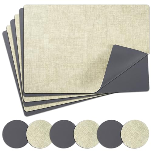 NOSTHEART Tischsets Abwaschbar, Platzsets Abwischbar Tischset Leder 6er Set Hitzebeständig Doppelseitigen Tischset rutschfest wasserdicht Platzdeckchen mit Untersetzer Rund (Grau Beige) von NOSTHEART