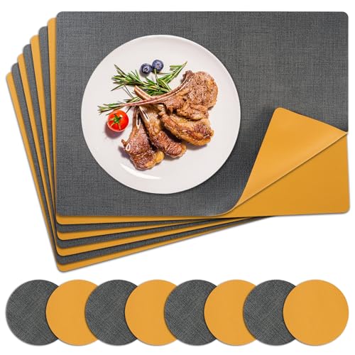 NOSTHEART Tischsets Abwaschbar, Platzsets Abwischbar Tischset Leder 8er Set Hitzebeständig Doppelseitigen Tischset rutschfest wasserdicht Platzdeckchen mit Untersetzer Rund (Gelbe Grau) von NOSTHEART